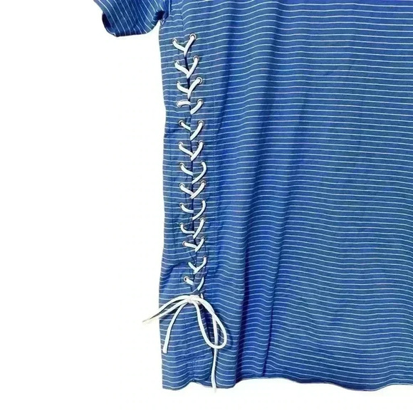 J. Crew Women’s Medium Blue Striped 100% Cotton Short Sleeve Lace Up Tee - Picture 4 of 7